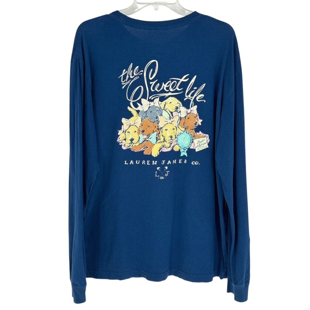 Lauren James The Sweet Life Puppy Graphic Long Sleeve Pocket Tee Navy Blue Large